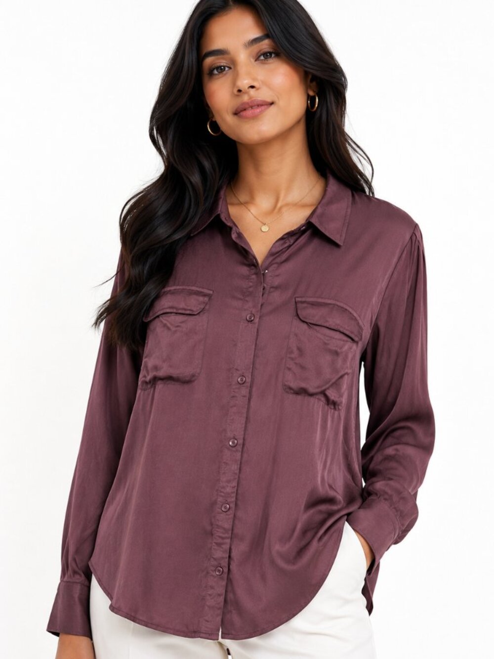 YOUNG FABULOUS & BROKE Belle Satin Button Down Top Blouse Plum Brown Size L EUC